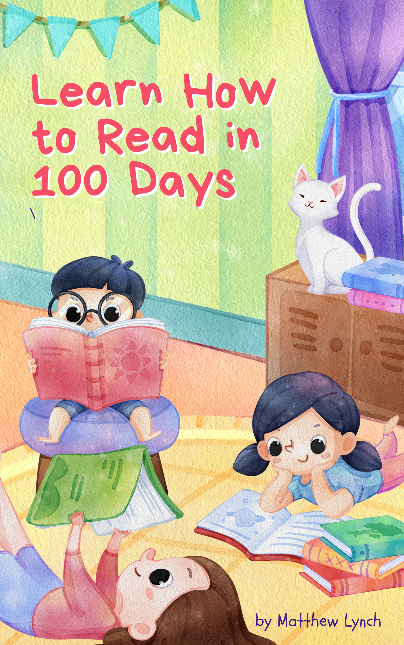 Green and Yellow Modern Watercolor Kids Reading Book Cover Learn How to Read in 100 Days